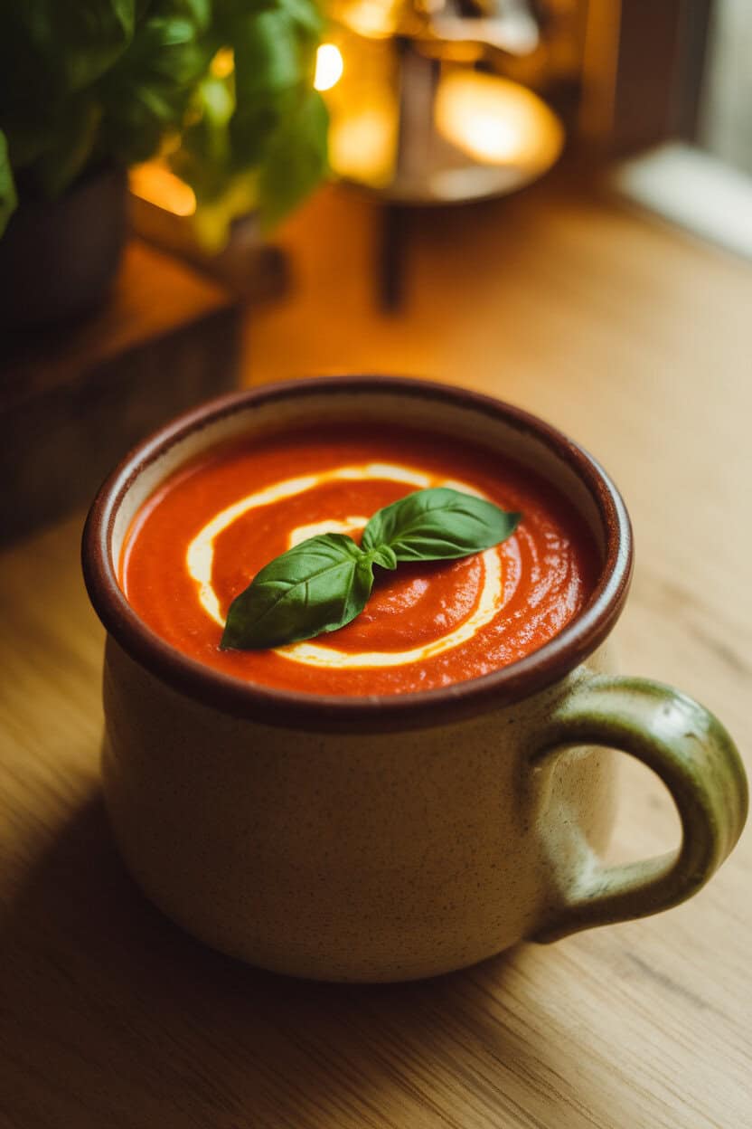 A cozy indoor cafe-style setting featuring a ceramic mug of creamy tomato basil bisque, garnished with a swirl of cream and a fresh basil leaf. Warm tungsten lighting accentuates the soup’s deep orange hue. Photo only, no text or logos present.