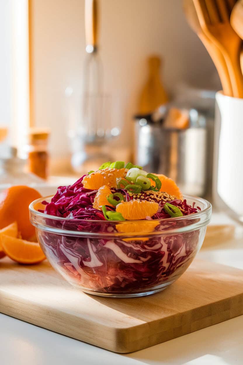 Bright indoor kitchen scene with a glass bowl of shredded red cabbage, mandarin segments, and sliced green onions, sprinkled with sesame seeds. No logos or text. Photo.