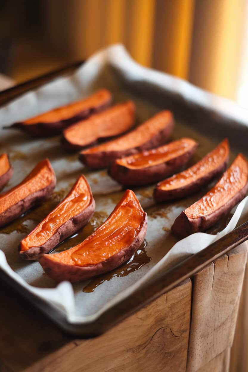 A parchment-lined baking sheet of roasted sweet potato wedges, caramelized edges glistening with maple syrup under warm indoor lighting. No text or logos present.