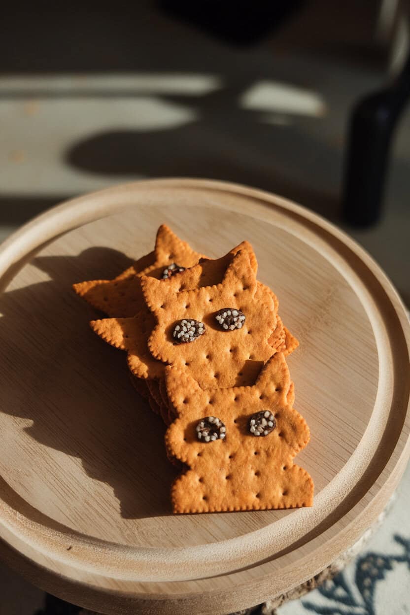 Dark cheddar crackers cut into cat silhouettes, dotted with sesame seed eyes, stacked on an indoor wooden board. No text or logos. Photo only.