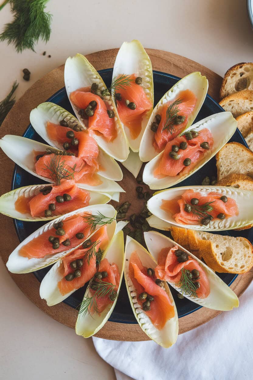Indoor platter displaying crisp endive leaves topped with slices of cooked smoked salmon, capers, and dill—overhead view, no text or logos.
