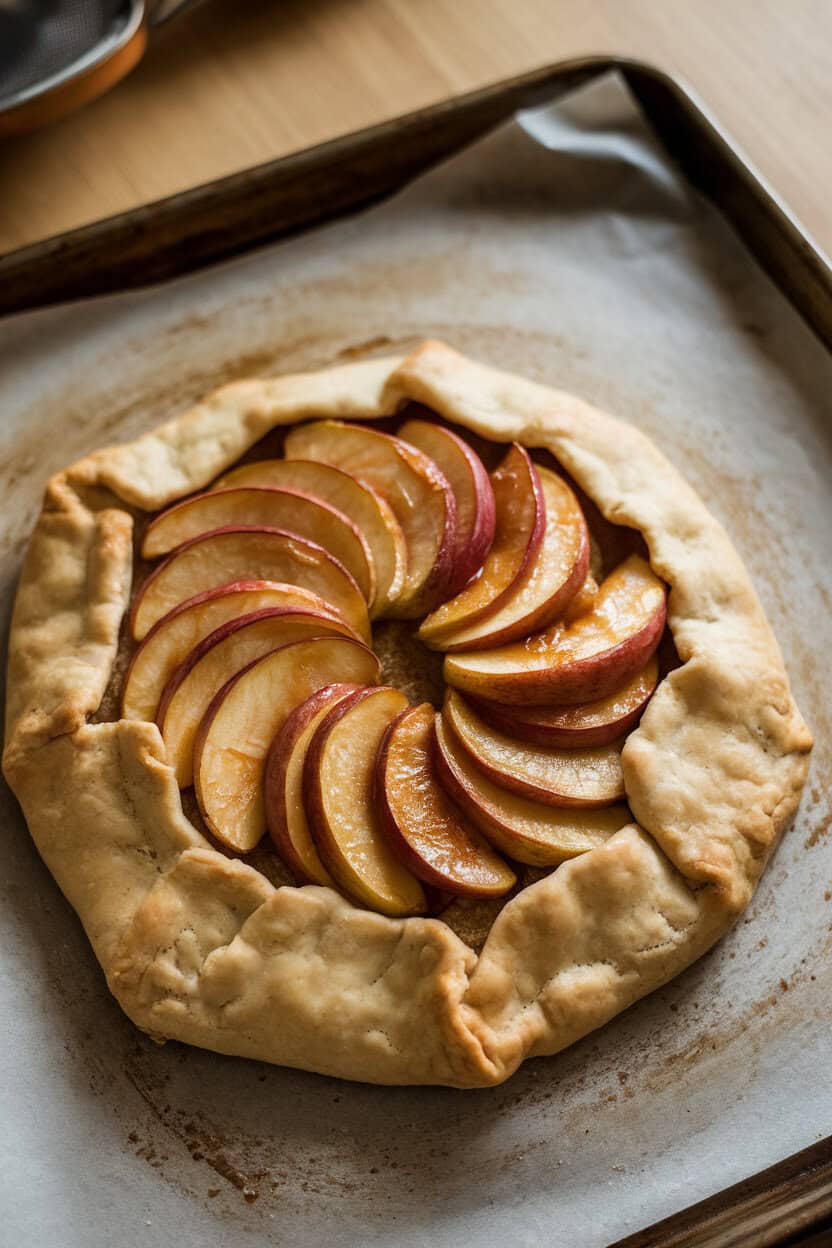 Photo prompt: Indoor baking sheet with a rustic free-form galette, caramelized apple slices fanned out over flaky crust, no text or logos.