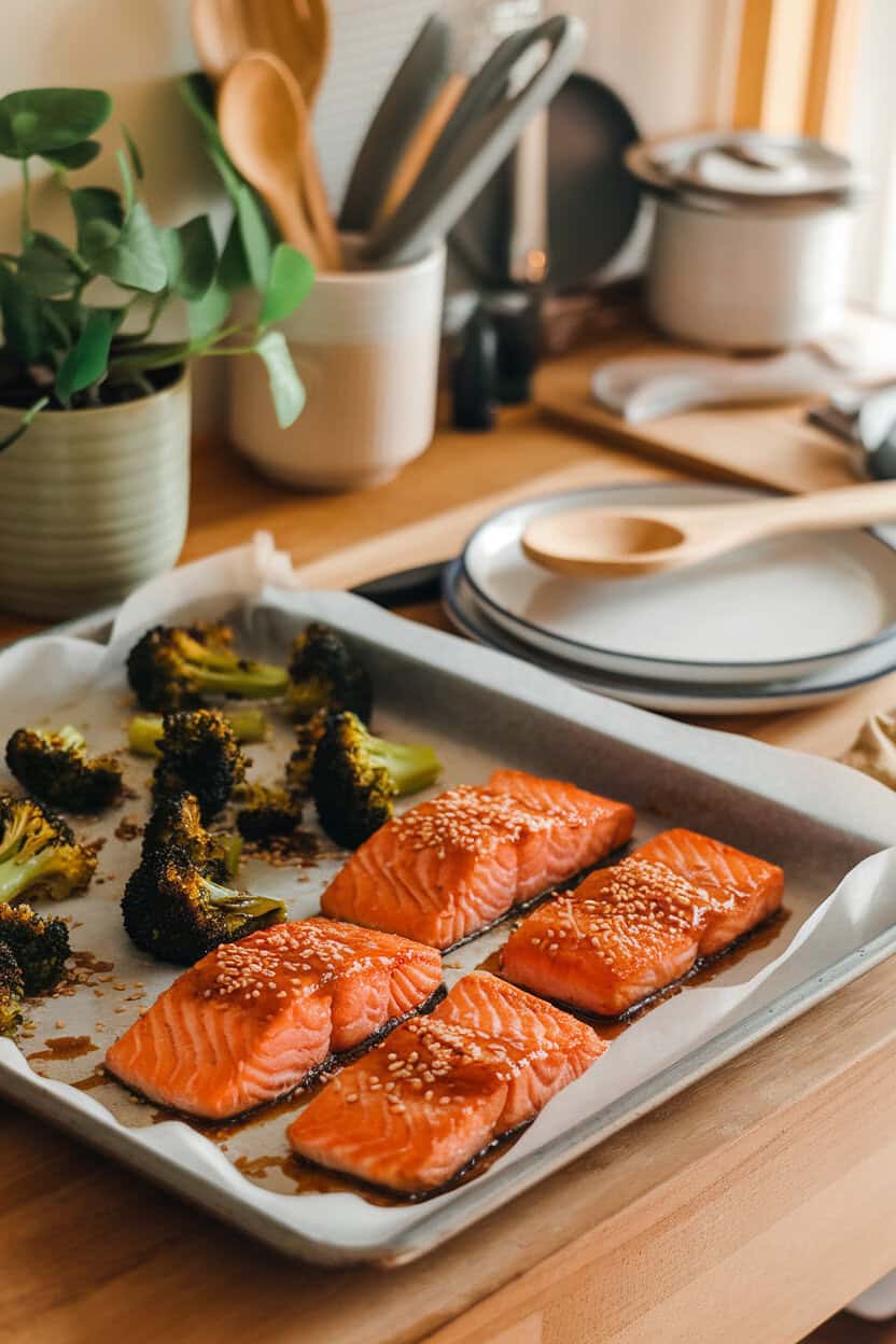 Warm indoor kitchen table with a parchment-lined sheet pan holding cooked salmon fillets glazed in teriyaki sauce alongside slightly charred broccoli florets sprinkled with sesame seeds. No text or logos visible.