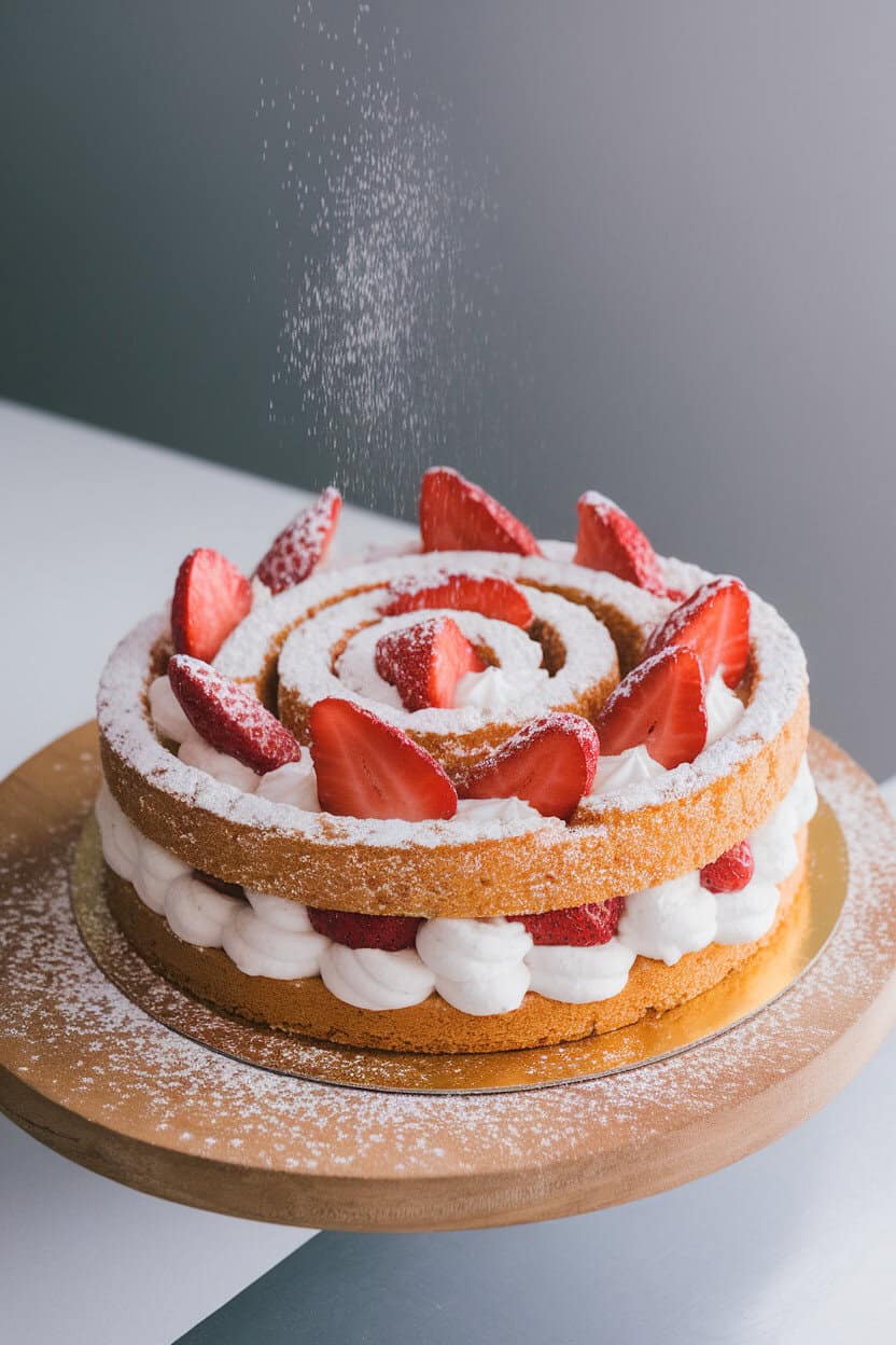 Indoor pastry board displaying a spiral slice of sponge cake filled with whipped cream and strawberry slices, powdered sugar lightly sifted on top. Photo only, no text or logos.