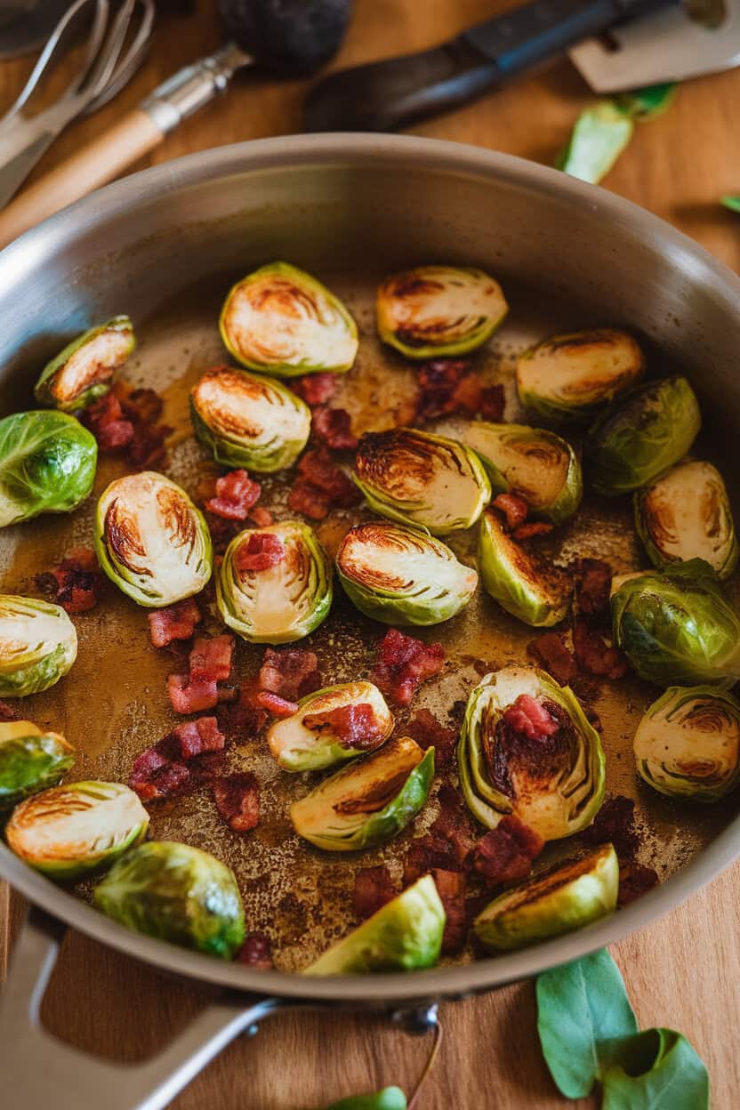 A shallow skillet filled with halved, roasted Brussels sprouts glistening in brown butter and dotted with crispy bacon bits, indoor warm light, no text or logos.