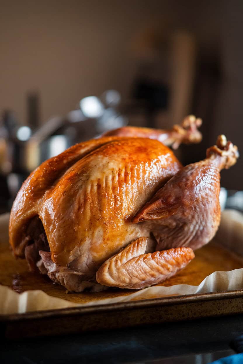 Close-up of a spatchcocked, caramel-colored turkey on a parchment-lined baking sheet, maple glaze glistening, photographed indoors under soft light, no text or logos.