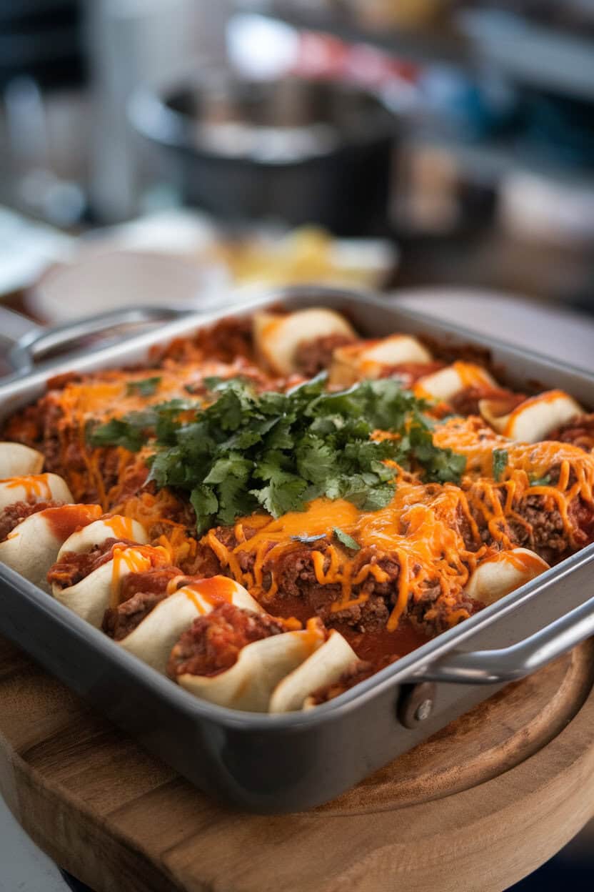 Indoor photo of a baking dish with rolled tortillas smothered in red sauce, filled with seasoned beef and cheese, melted cheese bubbling on top. No text or logos present.