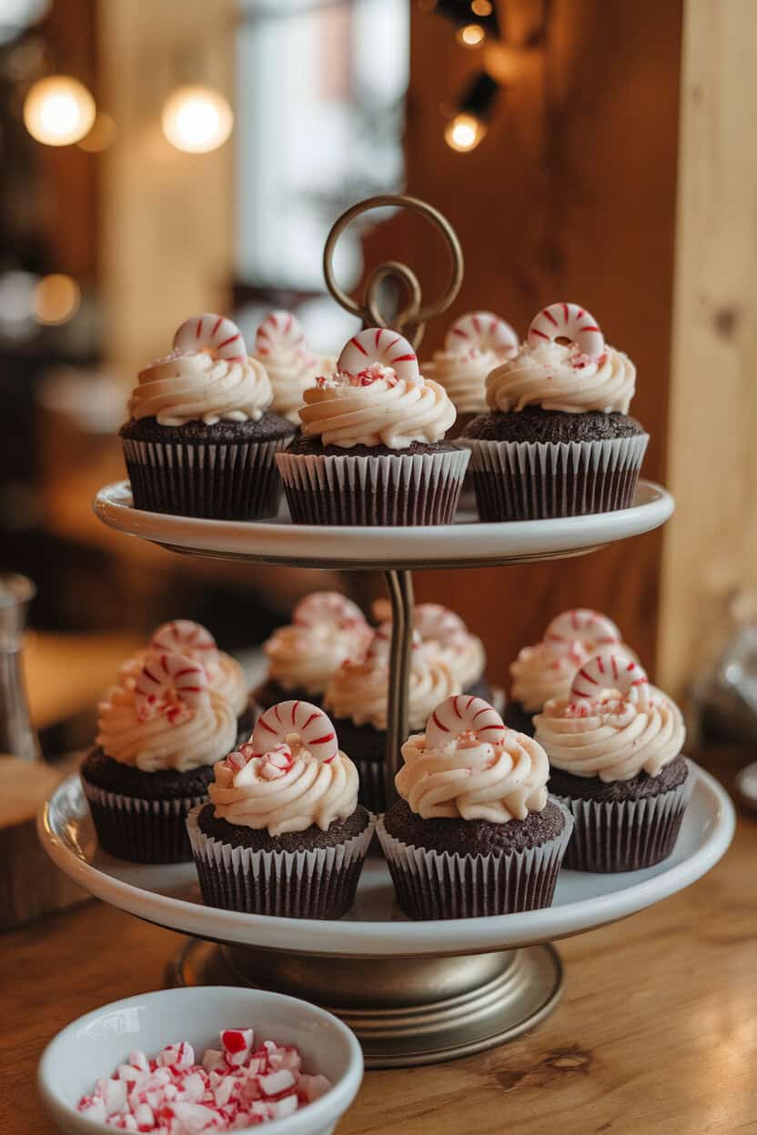 An indoor cupcake stand filled with chocolate cupcakes topped with peppermint buttercream swirls and tiny candy cane pieces, warm café lighting; no text or logos. Photo, not illustration.