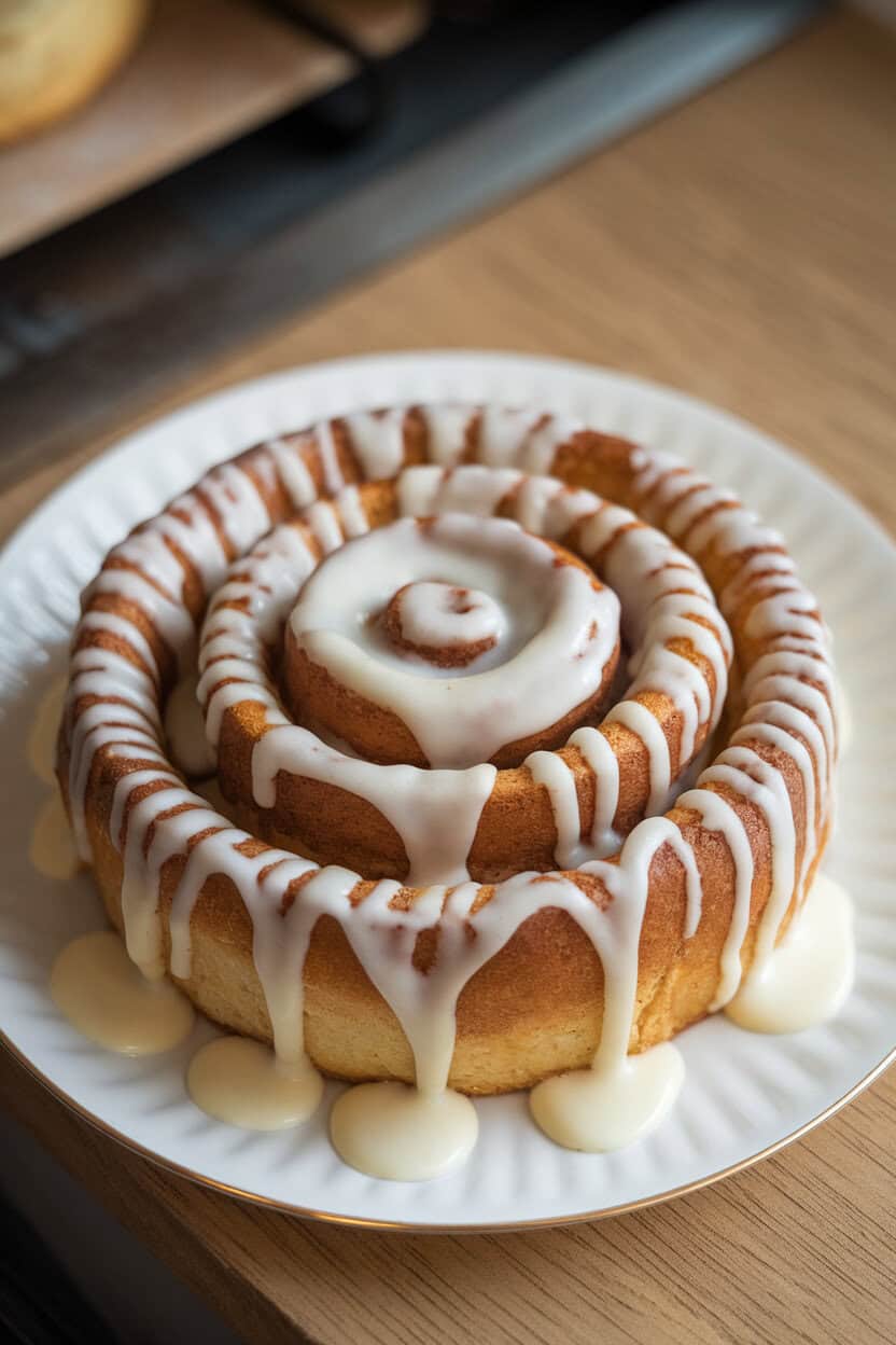 Indoor bakery counter style photo of a spiral cinnamon roll drizzled with cream cheese icing, served on a simple white plate. Photo only, no text or logos.