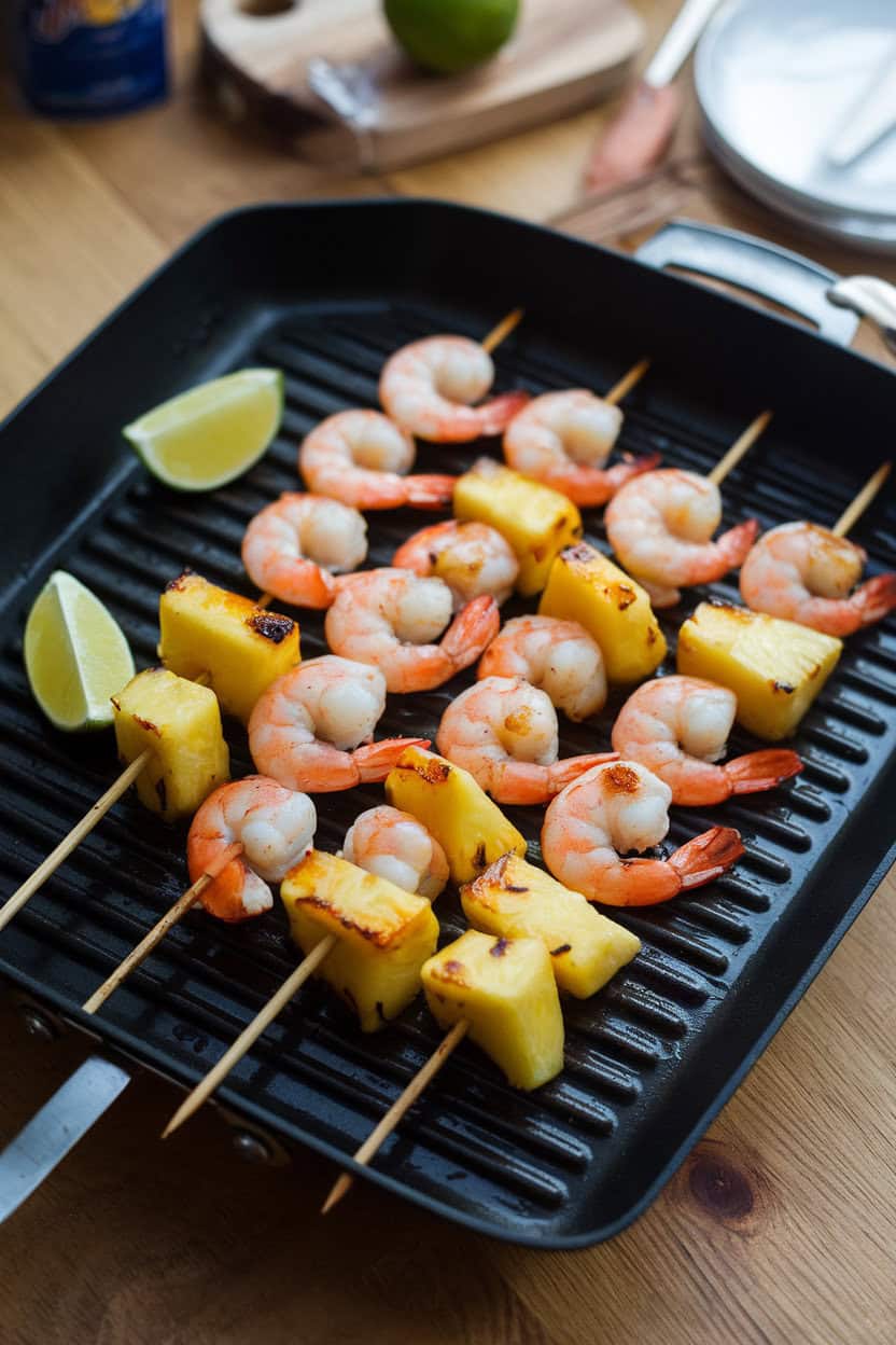 An indoor grill pan holding skewers of cooked shrimp and caramelized pineapple chunks, light rum glaze visible, lime wedges nearby. No text or logos present.