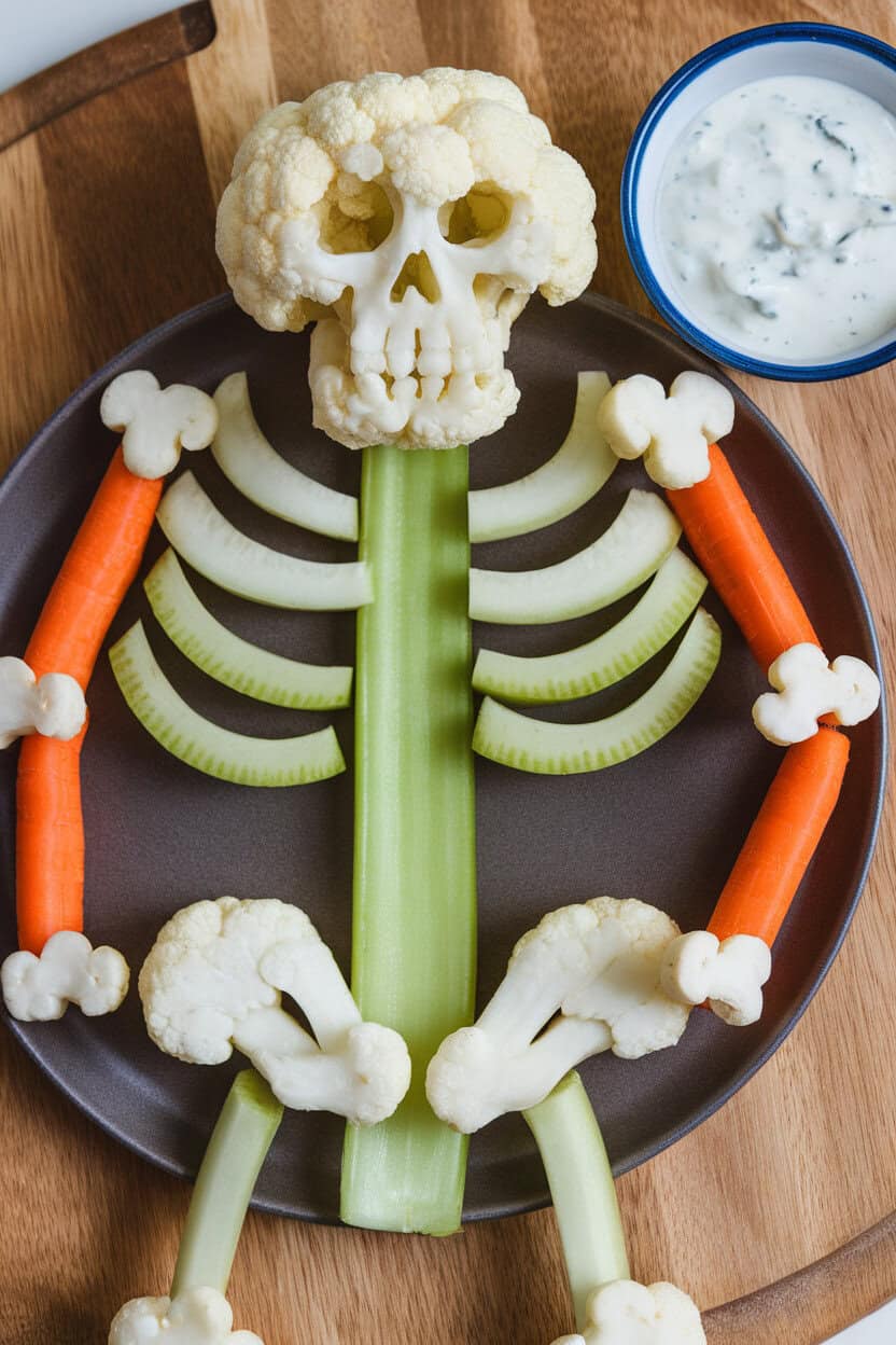 An overhead indoor shot of a vegetable arrangement forming a skeleton: celery ribs, cauliflower skull, carrot limb bones, with a ranch dip “head.” No text or logos. Photo only.