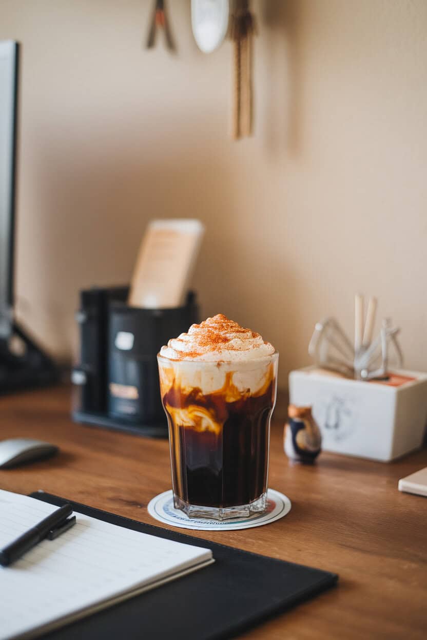 Indoor workspace desk with a glass of dark cold brew topped by thick pumpkin cream, sprinkled with pumpkin spice; no visible branding