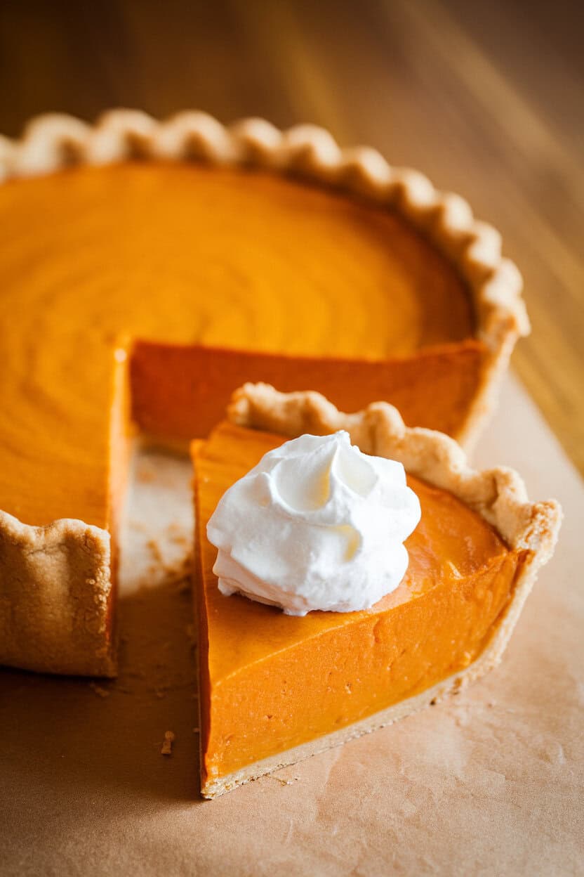 Indoor photo of a whole butternut squash pie with a slice removed, revealing smooth orange filling; whipped cream dollop on slice, no text or logos.