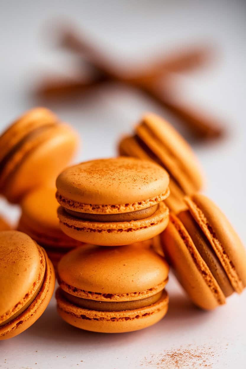 Photo prompt: Indoor patisserie tray with bright orange pumpkin spice macarons, cinnamon sticks blurred in background. No text or logos present.