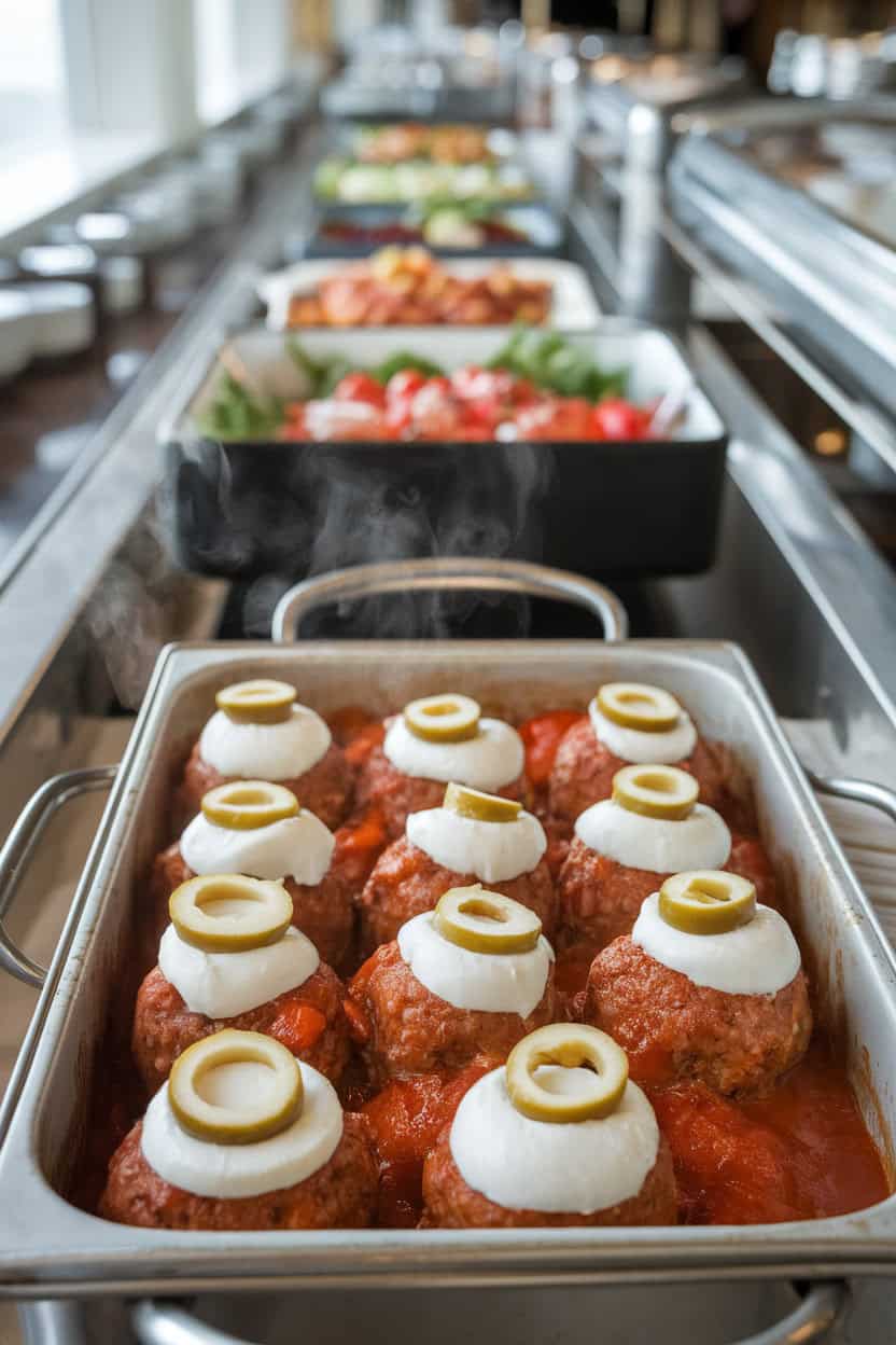 An indoor buffet line featuring a casserole dish of saucy meatballs, each topped with a mozzarella round and sliced olive “pupil.” Steam rising; no text or logos.