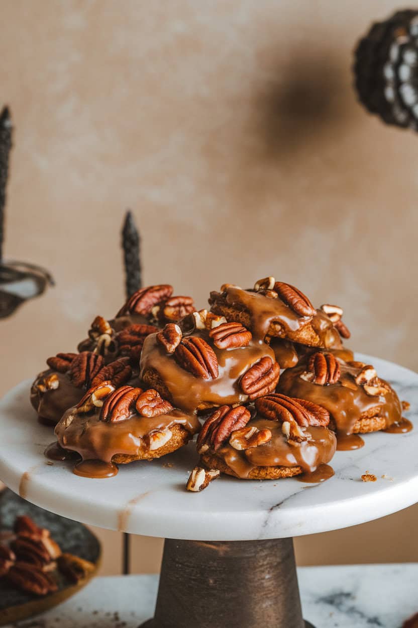 Photo prompt: Indoor scene with pecan praline cookies on a marble platter, praline glaze dripping slightly, no text or logos visible.