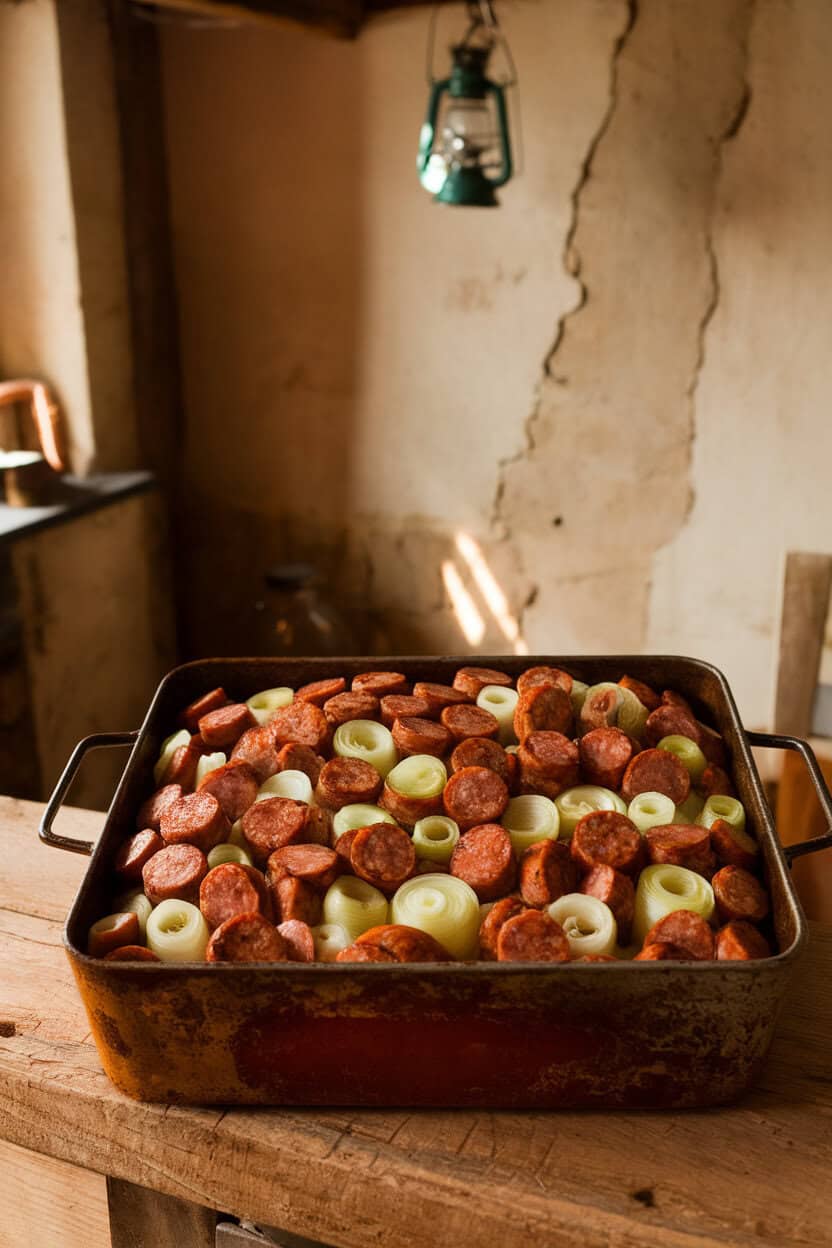 An indoor farmhouse kitchen table featuring stuffing with browned sausage coins and pale green leek rings in a rustic baking dish. No text or logos; photo, not illustration.