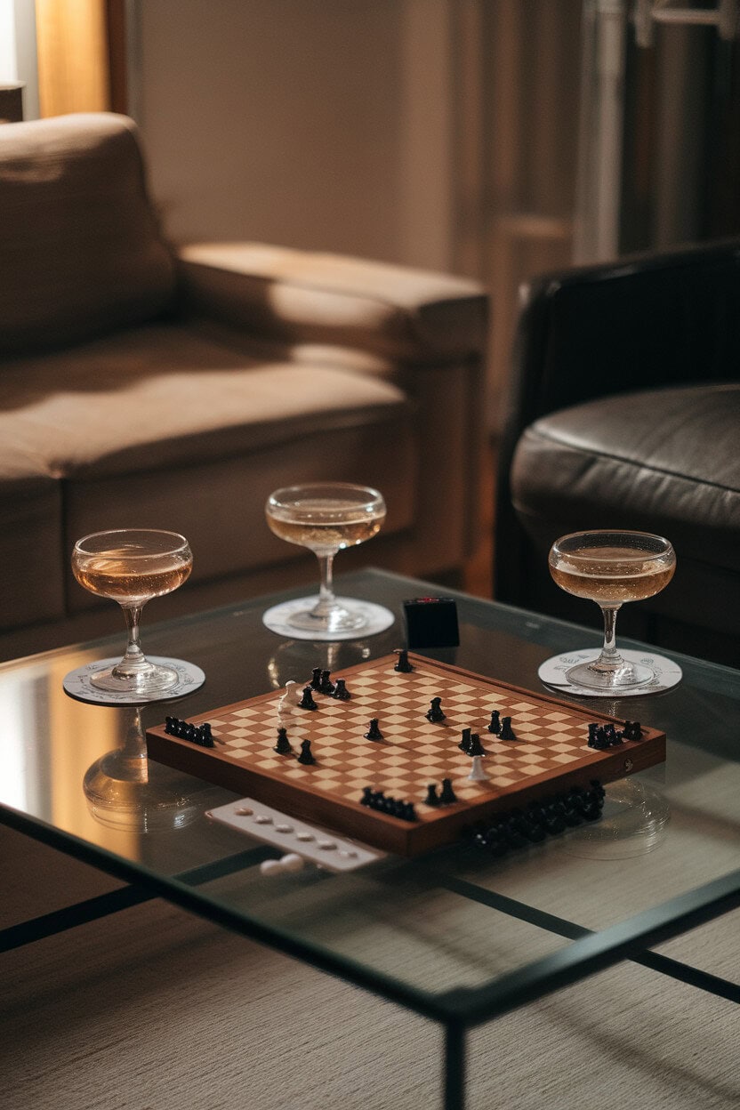 Indoor living-room coffee table with a classic board game in mid-play, two champagne coupes on coasters, soft evening lighting, no text or logos.