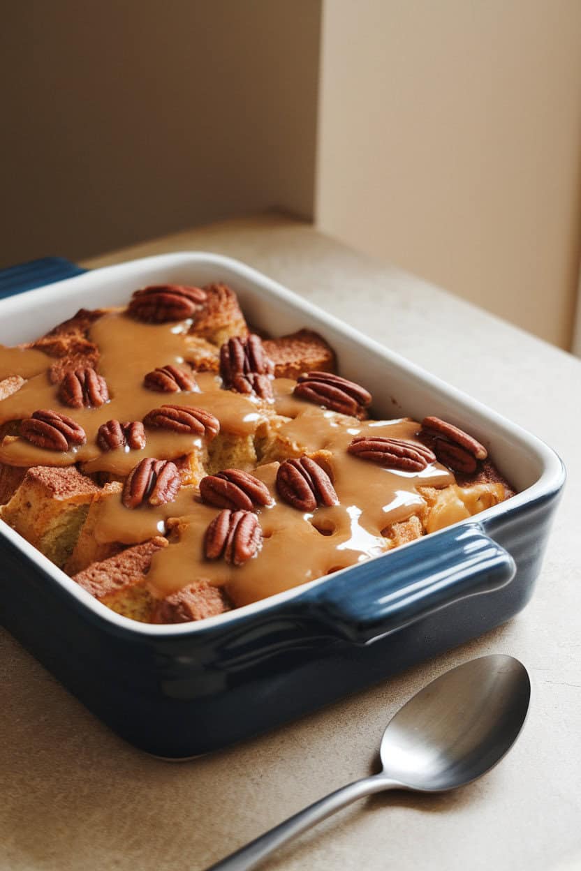 A ceramic baking dish of bread pudding on an indoor table, maple glaze pooling around pecan praline pieces. No text or logos.
