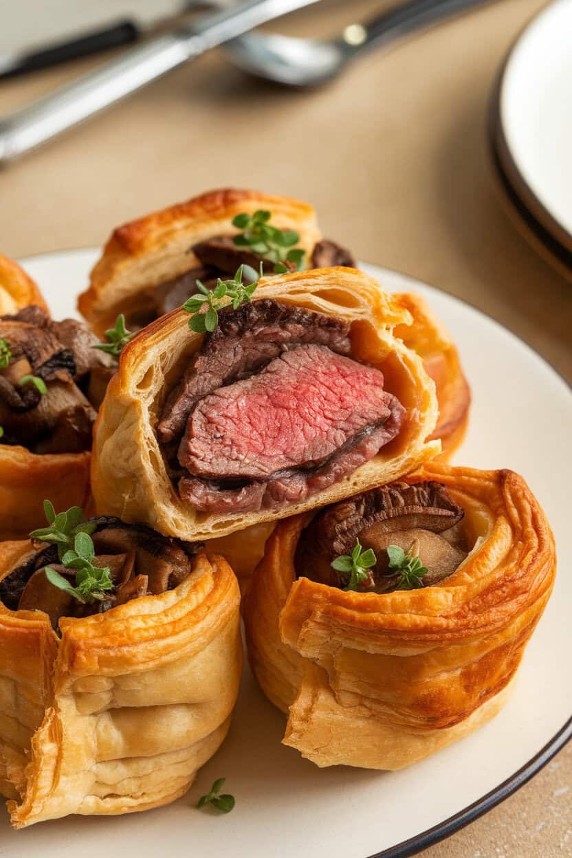 Indoor photo of bite-size puff pastry parcels cut open to reveal medium-rare beef and mushroom duxelles. No text or logos.