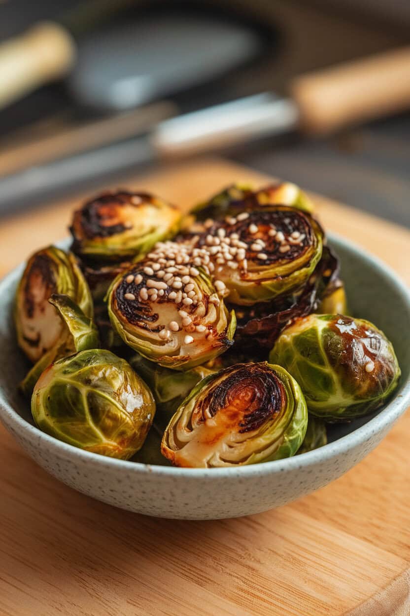 An indoor bowl of roasted Brussels sprouts glazed with maple-soy reduction, charred edges visible—photo, no text or logos