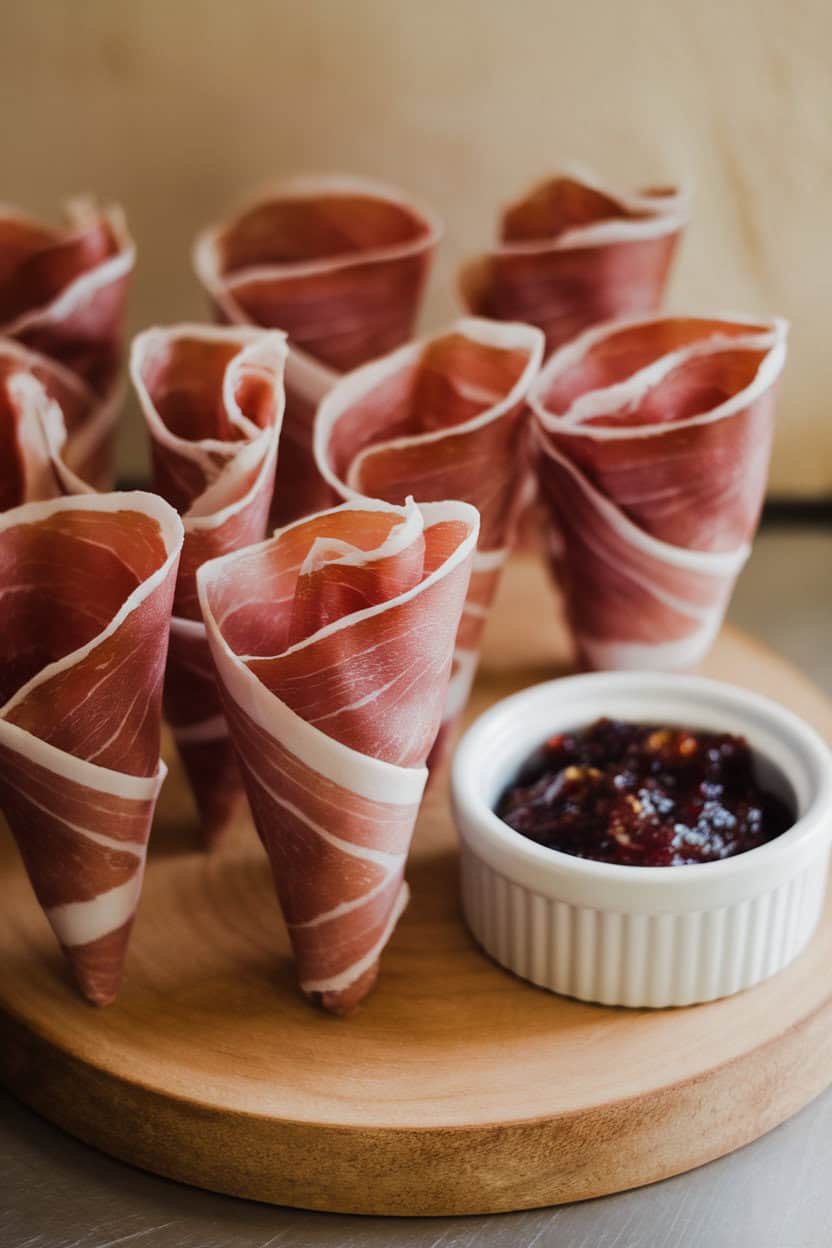 Indoor photo of thin prosciutto slices wrapped into small cones, edges slightly flared, standing upright on a wood board with a ramekin of fig jam. No text or logos present.