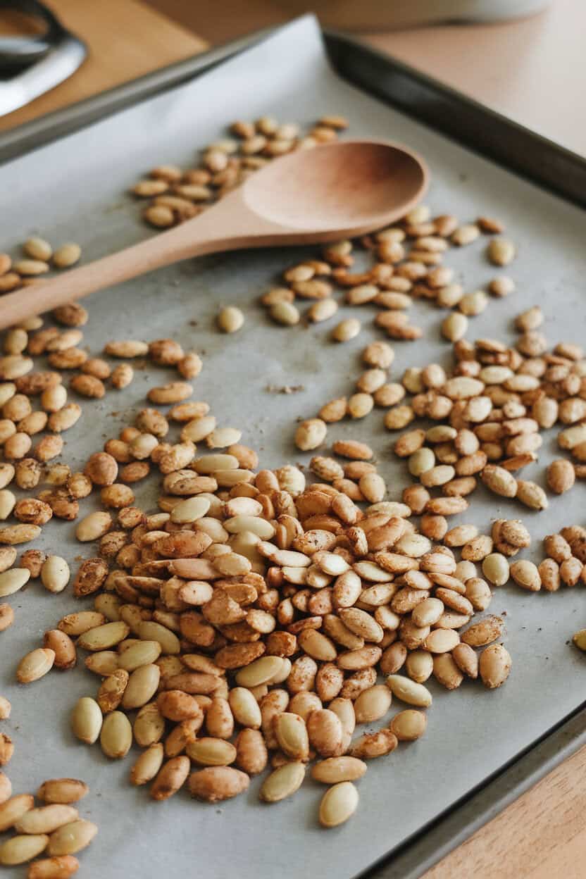 An indoor baking sheet piled with seasoned, roasted pumpkin seeds, wooden spoon resting nearby, no visible text or branding.