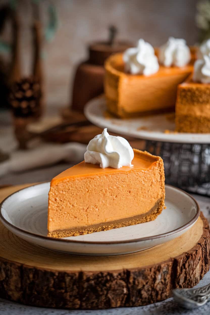 A slice of creamy pumpkin cheesecake with graham crust, whipped cream on top, indoors. No text or logos. Photo, not illustration.