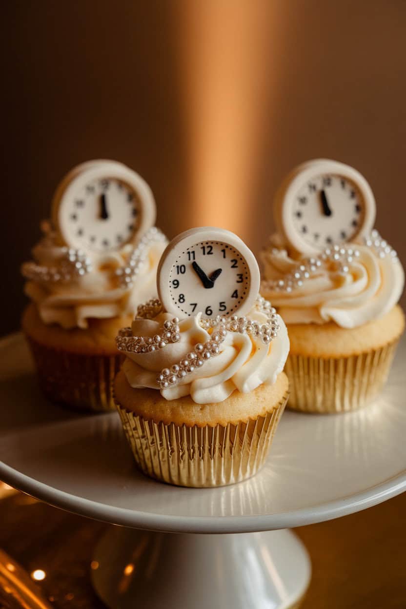 Indoor photo of three light-gold champagne-infused cupcakes topped with shimmering buttercream and a tiny fondant clock at midnight, set on a neutral cake stand under warm lighting. No text or logos anywhere in the scene.