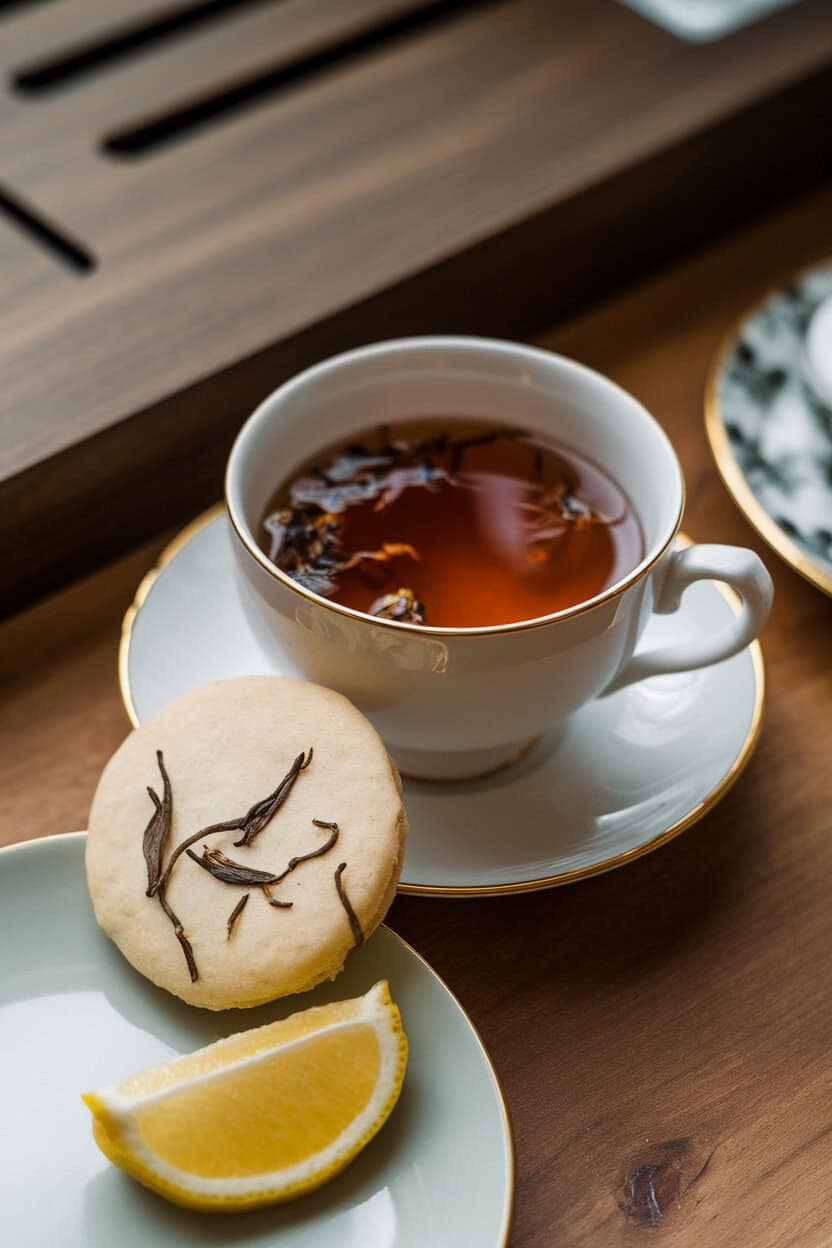 Indoor teacup setup featuring pale cookies speckled with tea leaves, lemon slice nearby, no branding in scene.