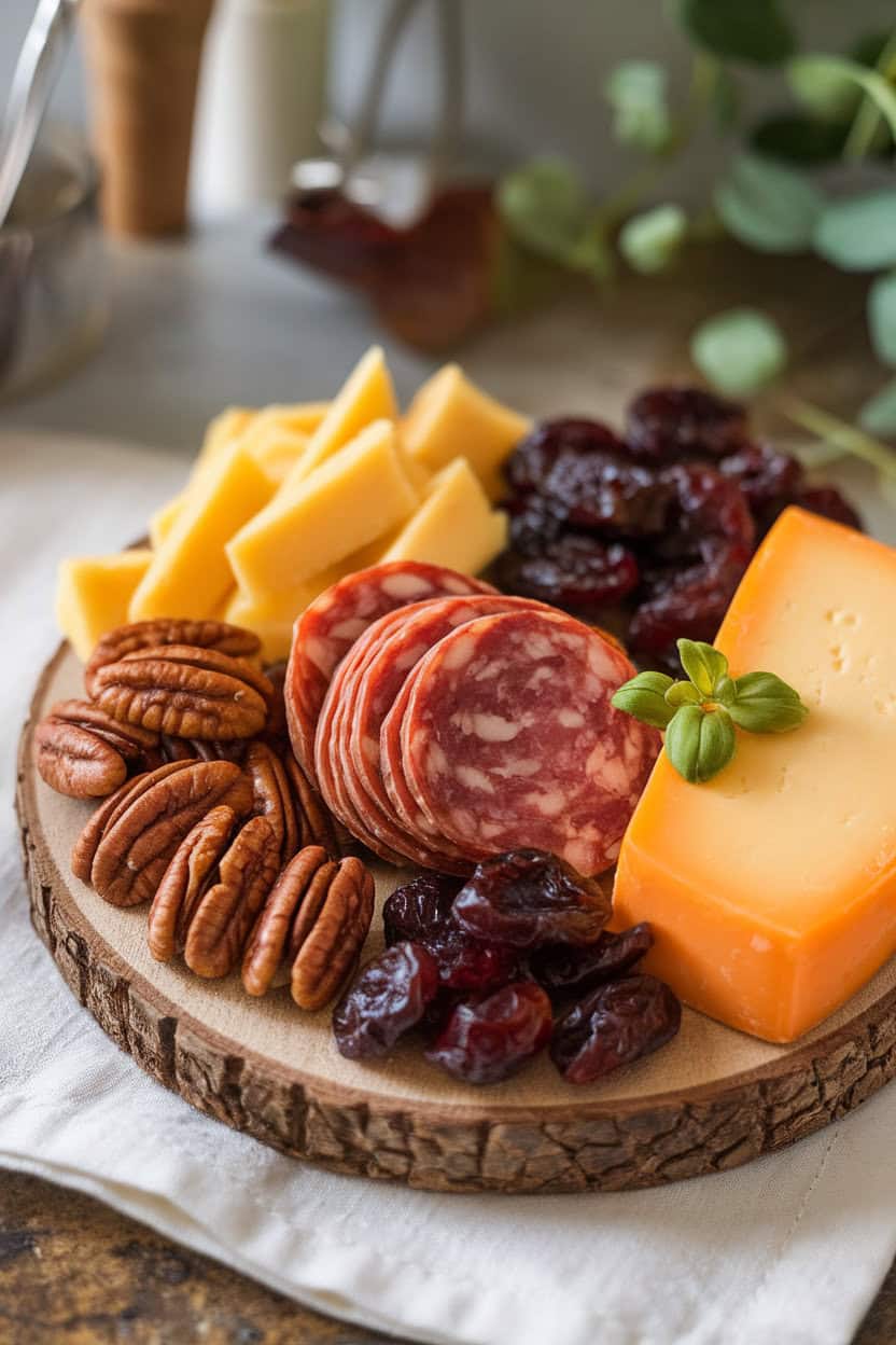 Indoor photo of glazed pecans, bourbon-infused salami, smoked cheddar, and dried cherries on a wooden board. No text or logos.