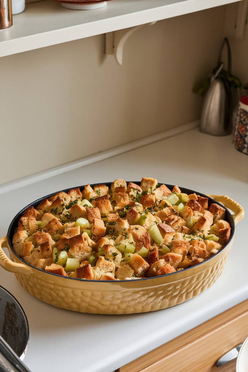 Photo of a casserole dish filled with golden bread stuffing dotted with celery and herbs, on an indoor kitchen counter. No text or logos visible.