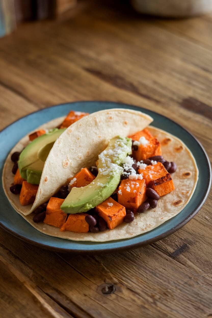 Photo of an indoor dining table with warm corn tortillas folded around roasted sweet potato cubes, black beans, avocado slices, and a sprinkle of cotija cheese. No text or logos visible.