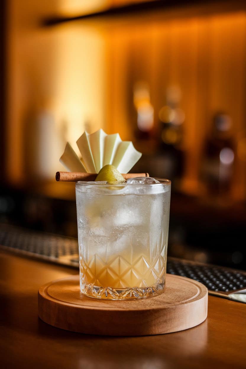 Collins glass packed with ice and a pale pear cocktail, cinnamon stick stirrer, and a thin pear fan as garnish. Indoor bar lighting, no text or logos.