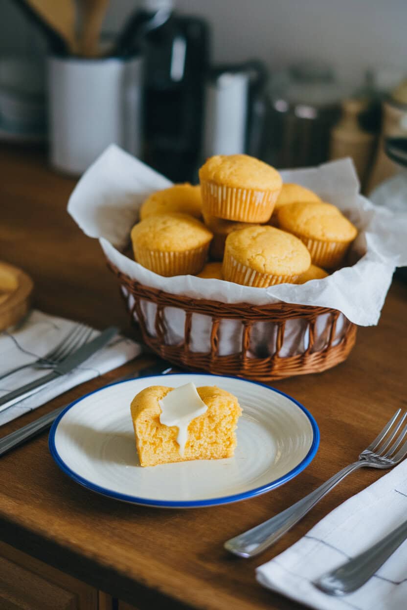 Indoor kitchen table with a basket of bite-size cornbread muffins, a pat of butter melting on one cut open, no text or logos, photo style