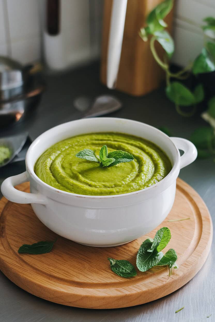 A white ceramic bowl filled with vibrant green pureed pea soup, garnished with mint leaves, on an indoor kitchen counter. No text or logos appear.