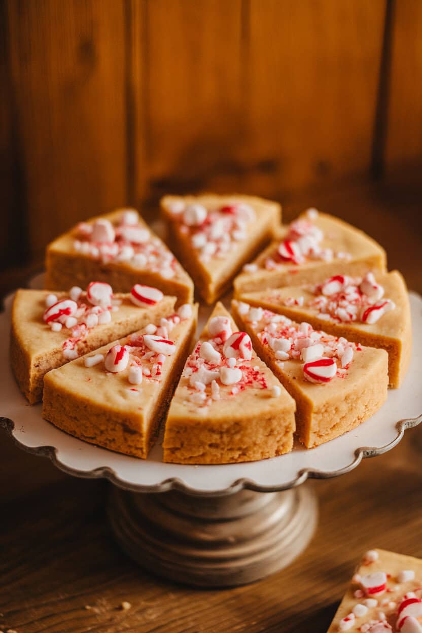 A round shortbread cut into wedges on an indoor cake stand, flecked with crushed peppermint candy; warm lighting, no branding.