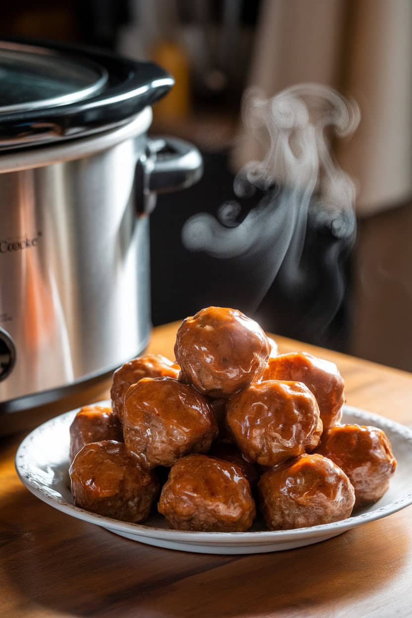 An indoor slow cooker next to a white platter piled high with glossy, honey-glazed meatballs, steam curling upward under soft kitchen lighting. No text or brand marks visible.