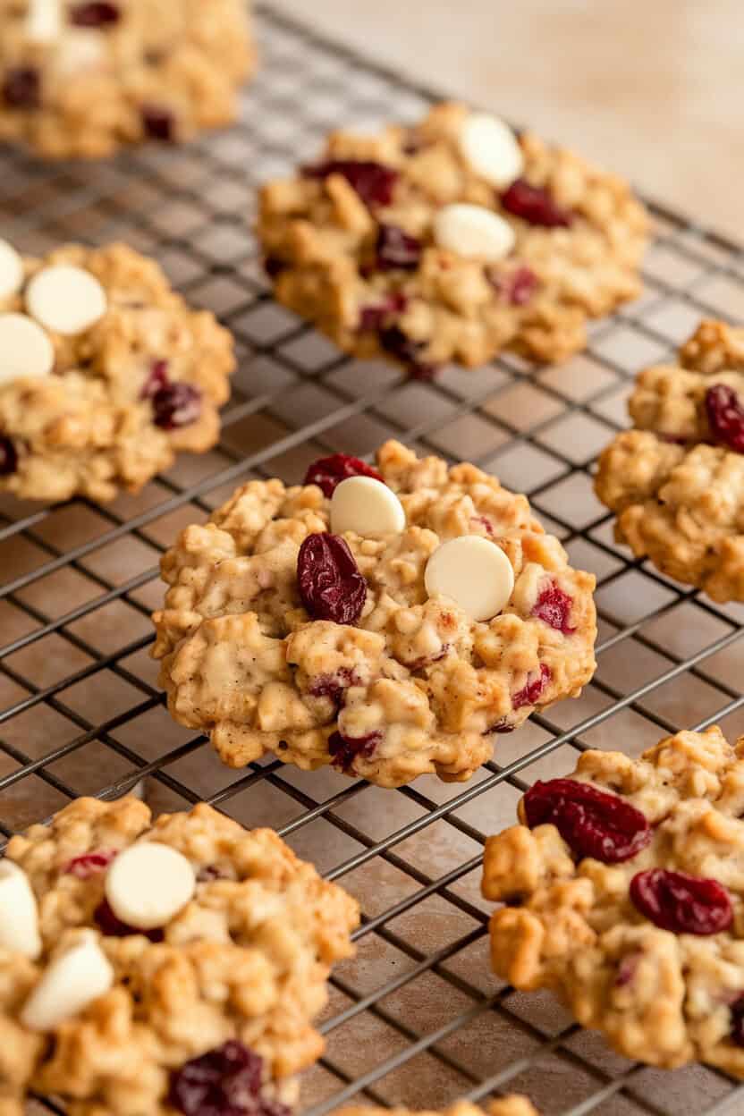 Close-up indoor photo of chewy oatmeal cookies dotted with dried cranberries and white chocolate chunks atop a cooling rack. No text or logos.