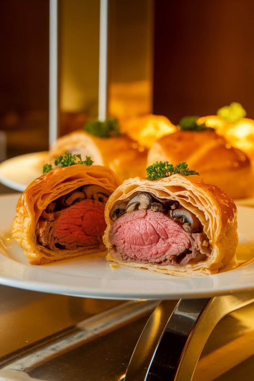 An indoor buffet photo of bite-size pastry parcels cut open to reveal medium-rare beef, mushroom duxelles, and flaky layers. Warm lighting, no text or logos.