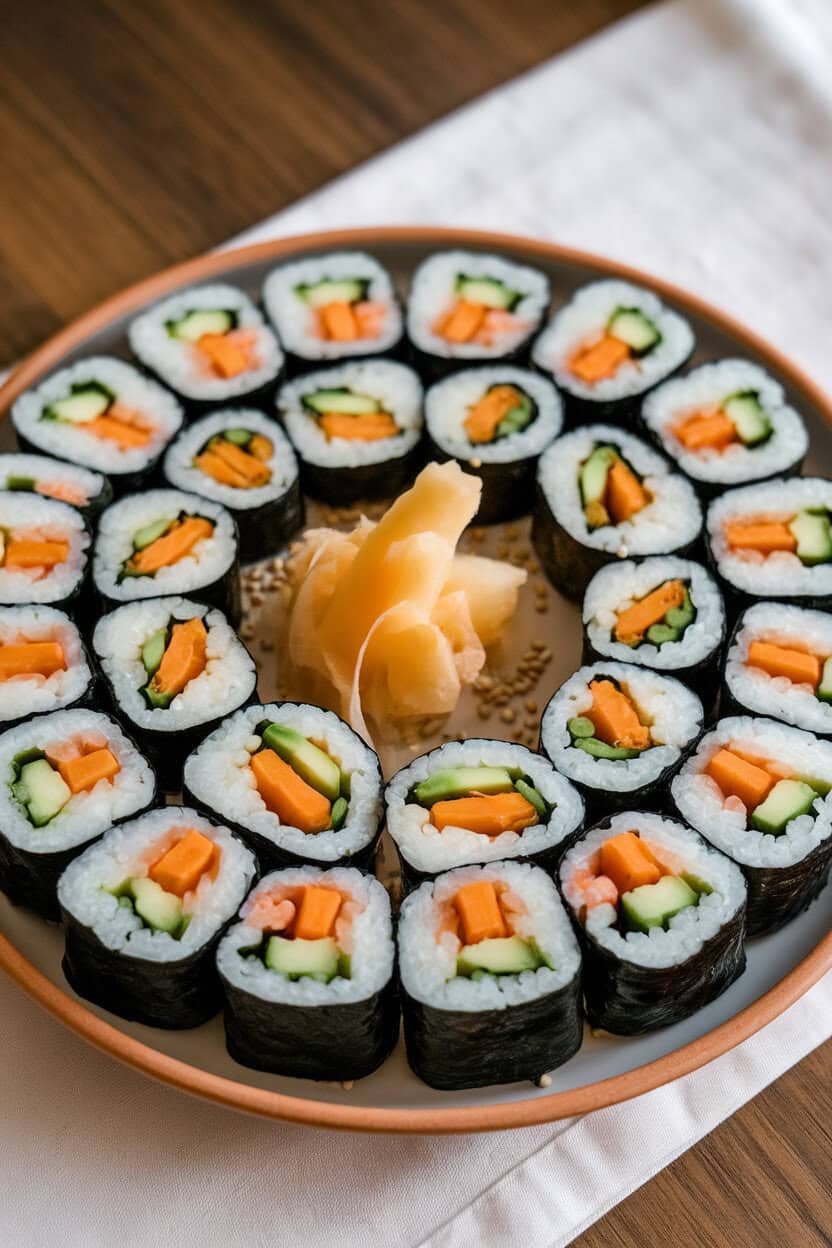 Photo of maki rolls filled with cooked sweet potato batons, avocado, and cucumber, arranged on an indoor platter with pickled ginger. No text or logos.
