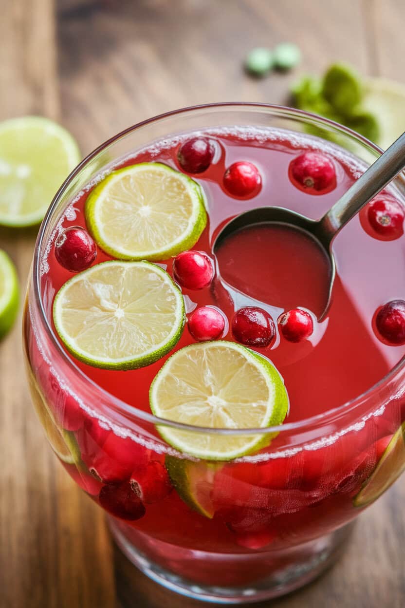 An indoor punch bowl filled with pink sparkling cranberry punch, floating lime wheels and cranberries, ladle resting inside; photo, no text or logos.