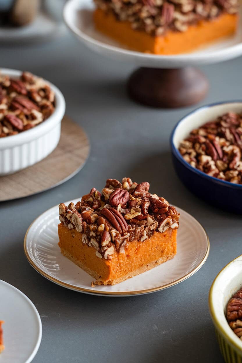 Photo of a square of sweet potato casserole topped with crunchy pecan streusel on a small white plate, indoor dessert table setting. No text or logos.