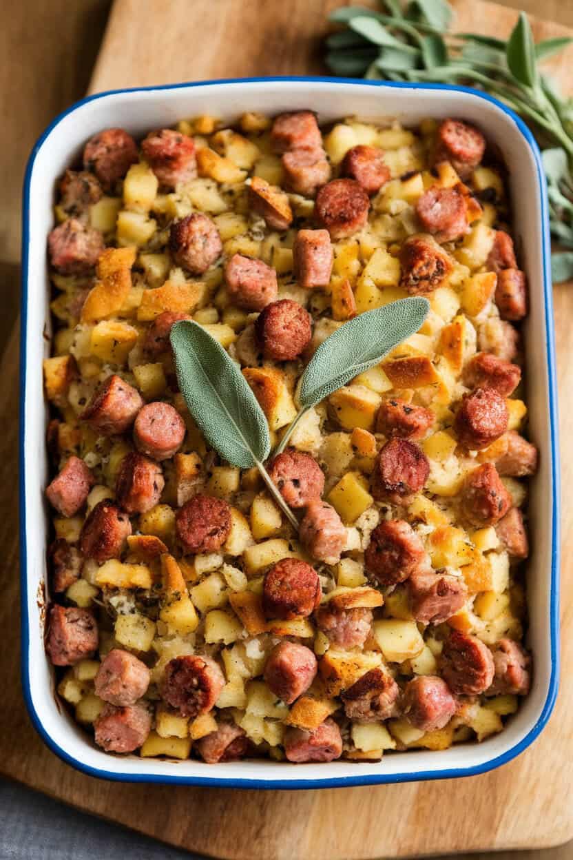 An indoor baking dish brimming with savory sausage and apple stuffing, top crisp and golden; photo, no text or logos.