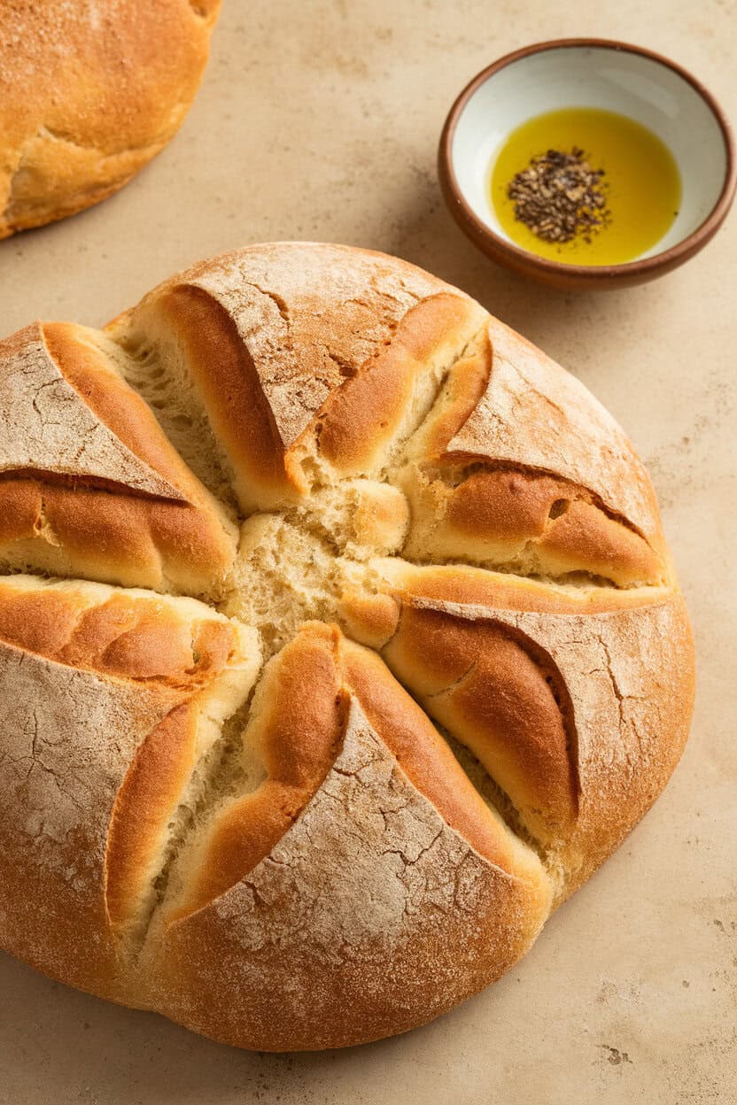Photo of a flat round khobz loaf with a slightly cracked top, indoor setting with a small bowl of olive oil and spices. No text or logos present.