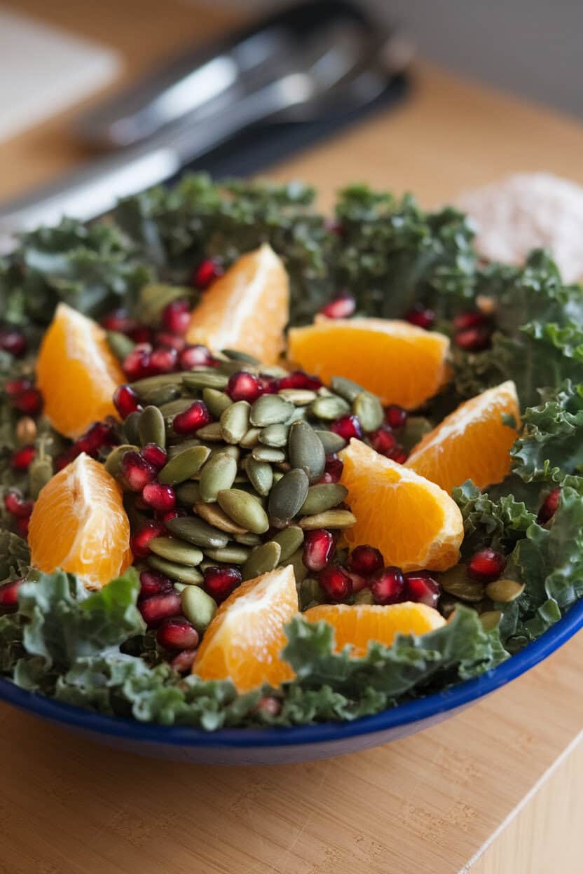 An indoor salad bowl filled with massaged kale, segmented oranges, pomegranate seeds, and toasted pumpkin seeds, lightly dressed. No text or logos. Photo.</Prompt