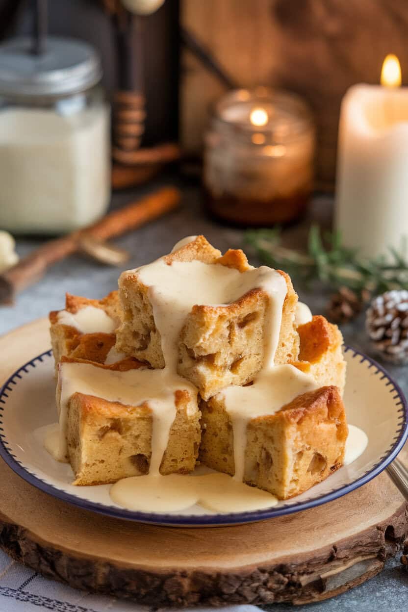 Indoor photo of bread pudding squares drizzled with eggnog sauce on a dessert plate. No text or logos.