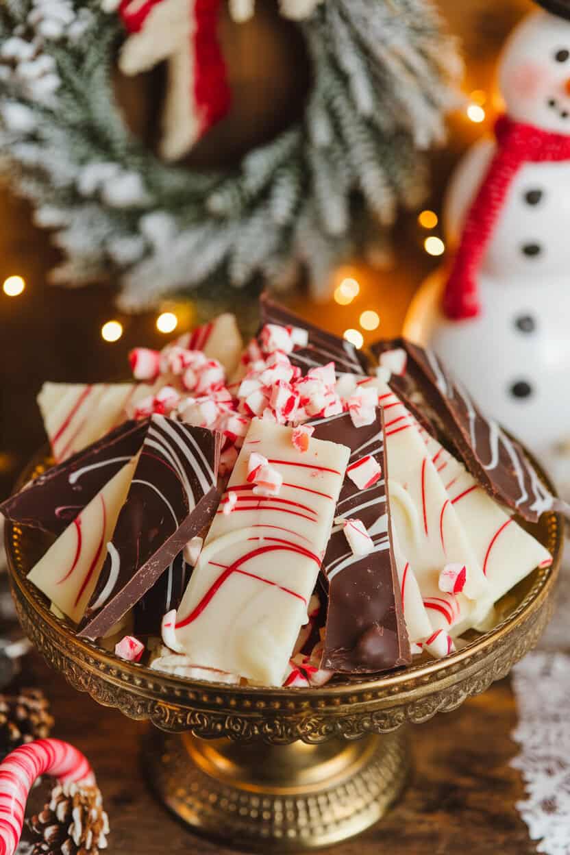 An indoor holiday platter with shards of dark and white chocolate peppermint bark, crushed candy cane pieces on top. No text or logos. Photo, not an illustration.