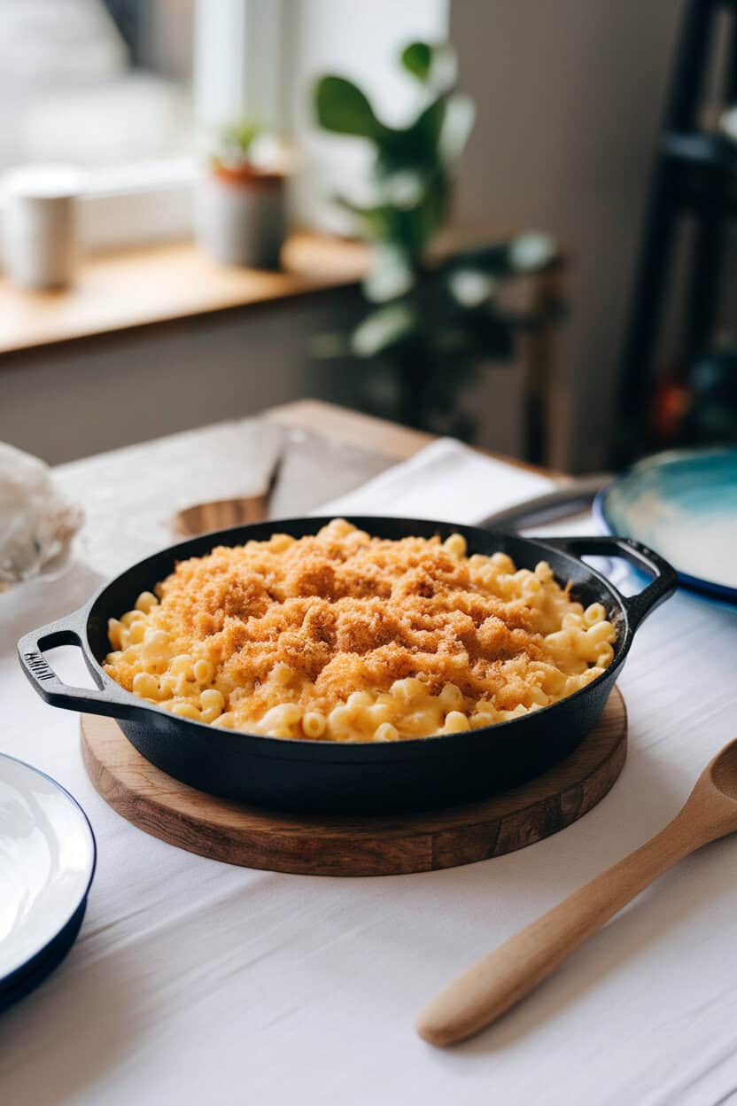 An indoor dining table with a cast-iron skillet of creamy macaroni and cheese, breadcrumbs and melted Gruyère browned on top; no text or logos. Photo.