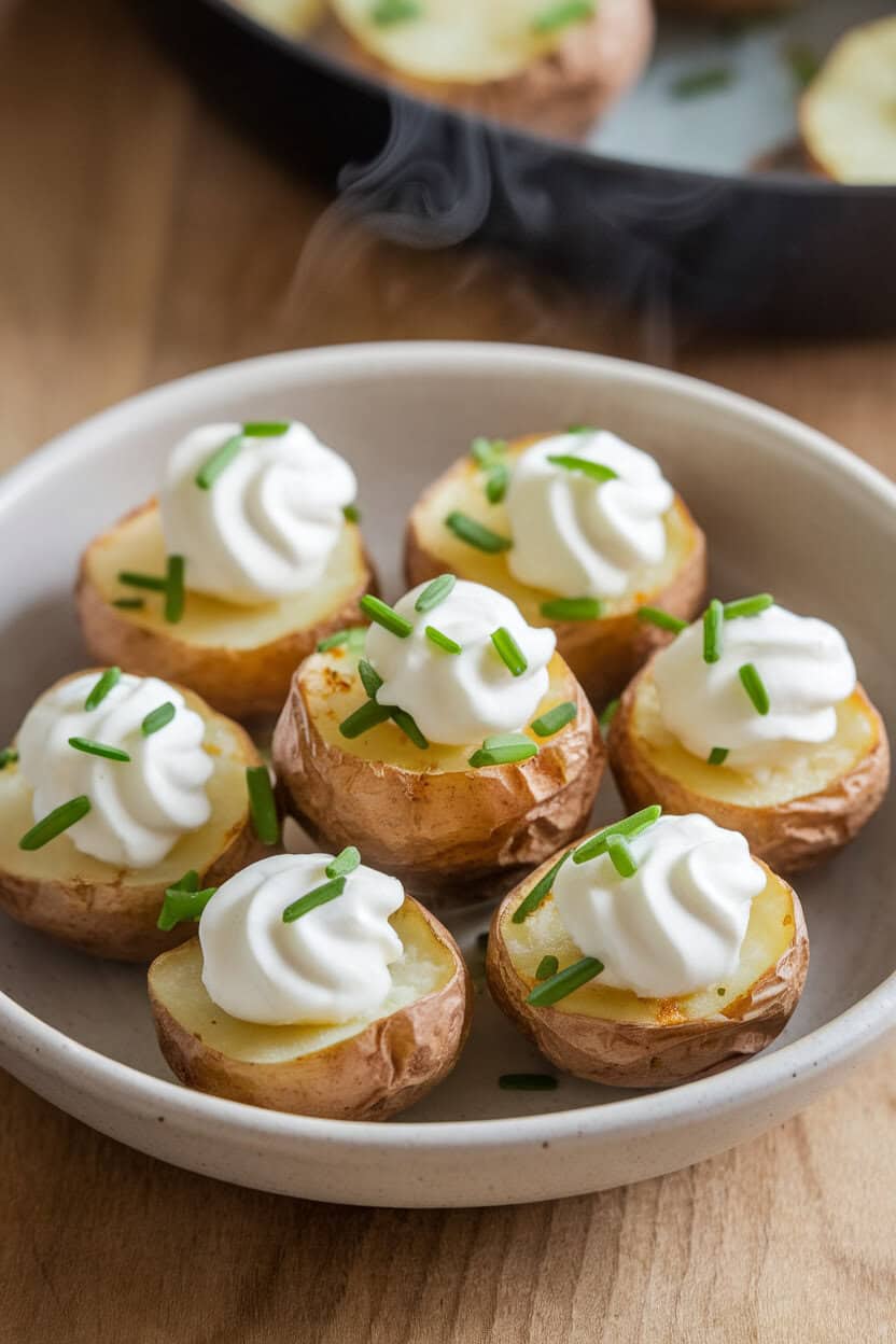 A cozy indoor photo of small roasted potato halves topped with sour cream swirls and chopped chives, steam faintly visible. No text or logos.